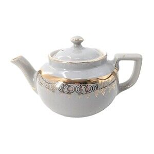 Hall Vintage Gray Metallic Gold Tea Pot 6 Cups Made in USA Art Deco Style